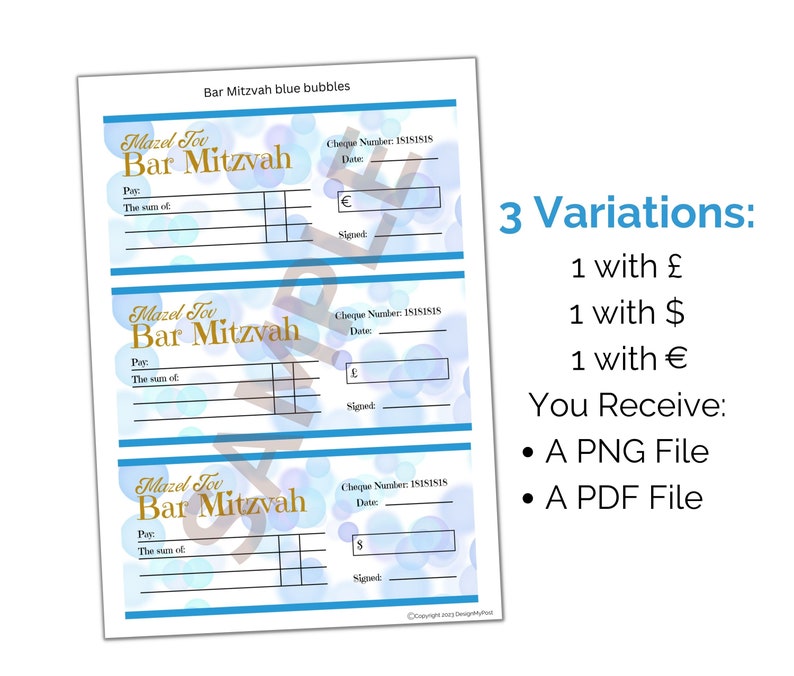 Bar Mitzvah Gift Cheque: Mazel Tov Money Present (PDF & PNG) image 3