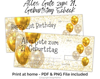 Scheck zum 21 Geburtstag. Blankoscheck Goldene Luftballons. Birthday Cheque in German Blank cheque template Print at home. Digital Download.