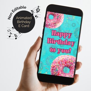 Pink Doughnut digital E Card animated video with Happy Birthday instrumental tune. Fun greeting card for teenager. Non Editable.