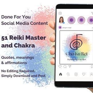 May include: A smartphone screen displaying a social media post about Reiki Master and Chakra. The post features a colourful image of the Cho Ku Rei symbol, a Reiki power symbol, with the text "Cho Ku Rei" and "The Reiki Power Symbol".