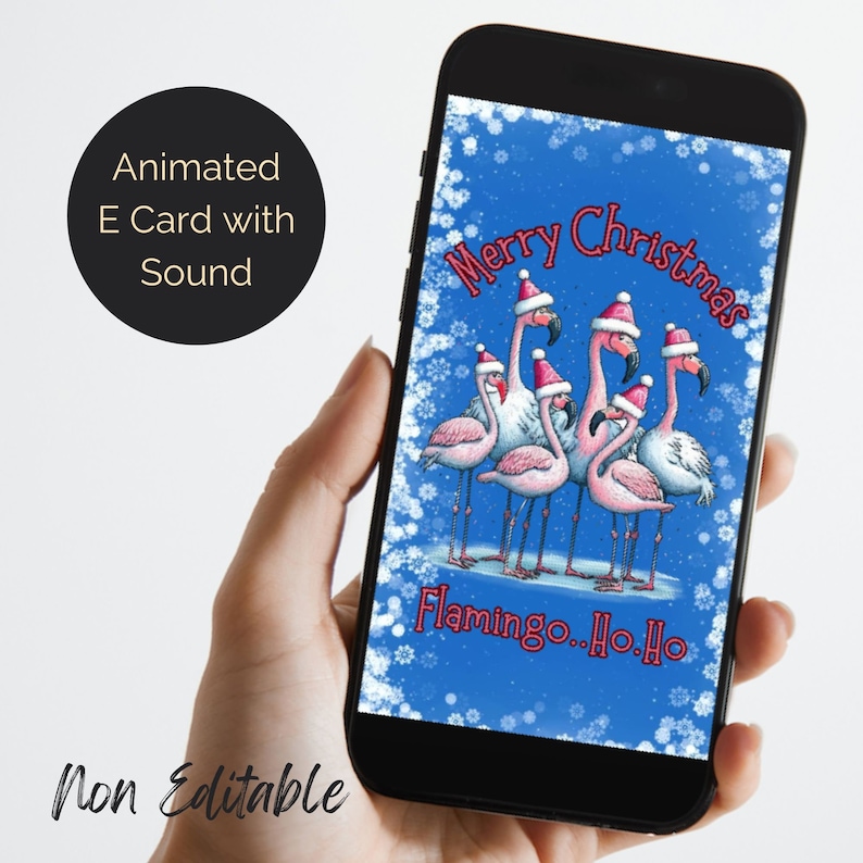 Christmas Digital Ecard With Flamingos. Holiday Greeting Card Animated