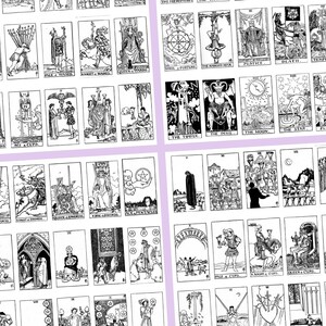 A black and white printable tarot card set. The cards are arranged in a grid pattern and feature various images, including a king holding a staff, a knight riding a horse, a queen sitting on a throne, and a tower with a crown on top. The cards also include text, such as 'KING WANDS', 'KNIGHT WANDS', 'QUEEN SWORDS', and 'THE TOWER'.