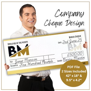 Company Blank Cheque. Large Branded Check template can be used for Employee of the month, Sales target check, Bonus cheque. Bespoke Design.
