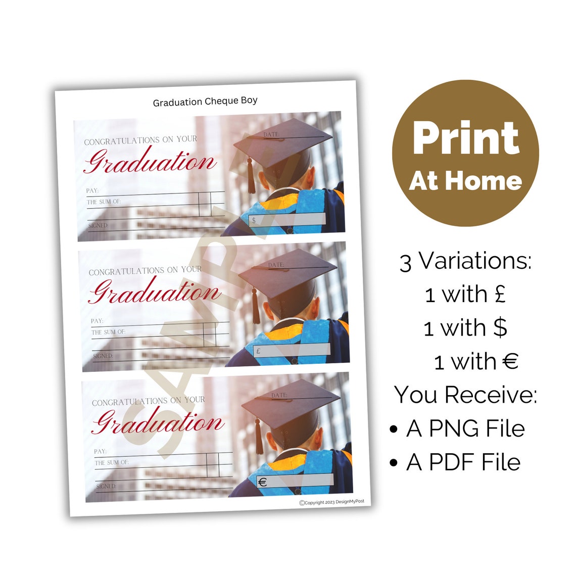 Graduation Cheque Graduation Gifting Cheque. Printable Blank Cheque. Euros, Pounds and ...