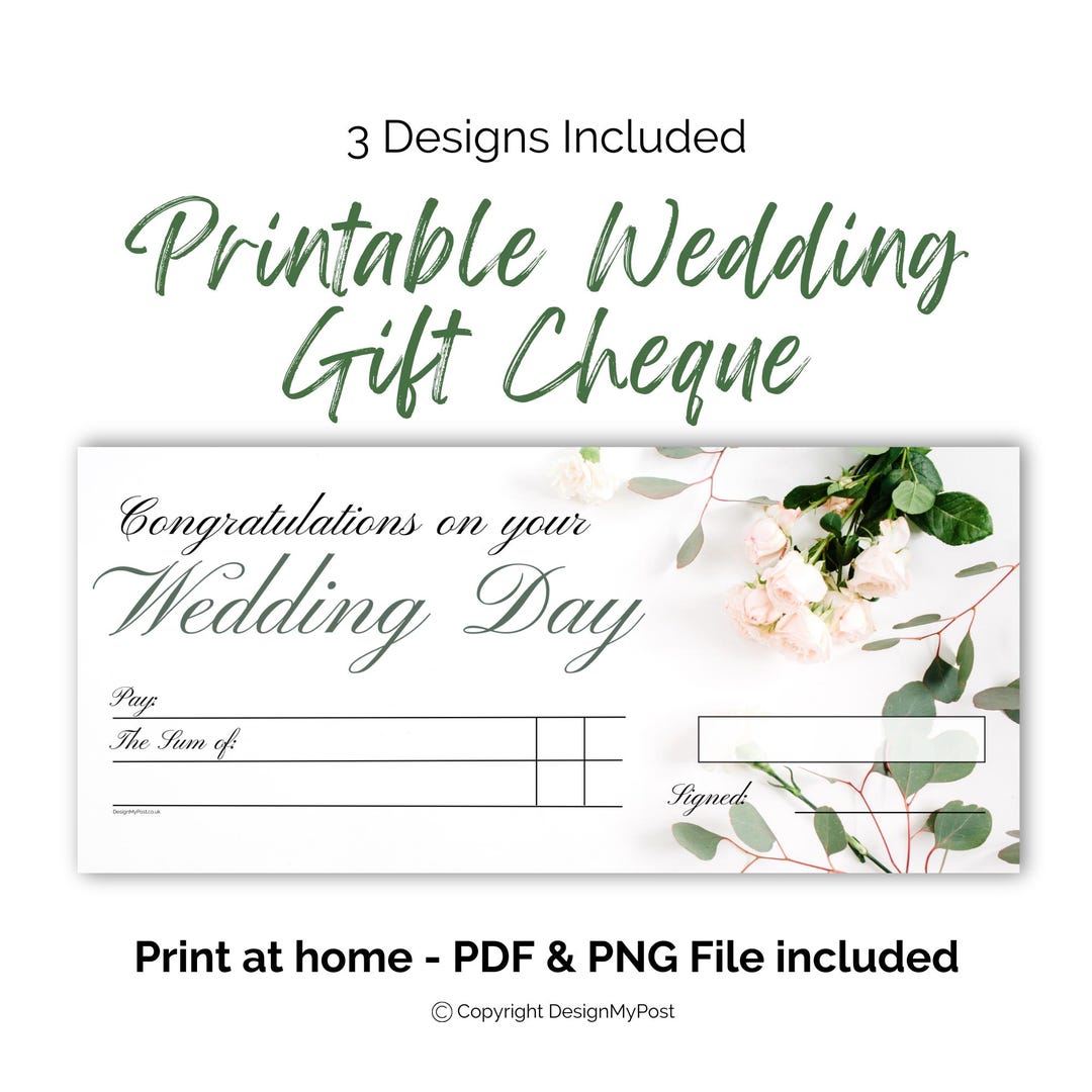 Printable Blank Cheque for Wedding Gift. Eucalyptus Wedding Day Wallet ...