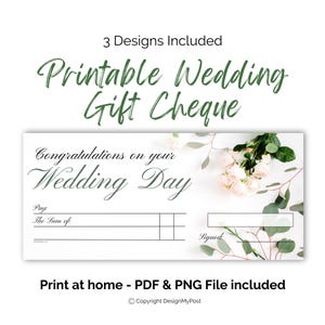 Blankoscheck für Hochzeitsgeschenk. Eukalyptus Wedding Day Wallet, Geldgeschenk Fake Scheck. Print at home Gutschein Vorlage.