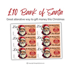 Ten Pounds Santa Geldscheine. Weihnachten Nikolausgeld. Ausdruckbare Weihnachtsbarock. Toll für Gesellschaftsspiele, Partys oder Geldgeschenke.