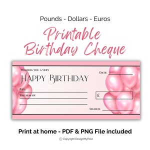 Blanko Geburtstagskaro mit pinken Luftballons zum selbst ausdrucken. Geschenkgutschein in Euro, Pfund und Dollar. Print at home Geldgeschenk.
