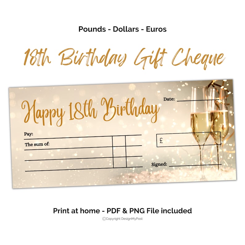 18. Geburtstag Scheck. Geschenk Blankoscheck Vorlage Euro, Pfund
