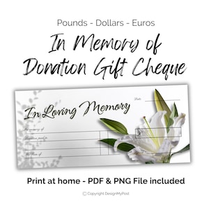 Chèque-cadeau pour un don en mémoire d'un deuil. Don de bienfaisance à la mémoire d'un être cher ou d'un ami perdu. Envoyez vos condoléances.