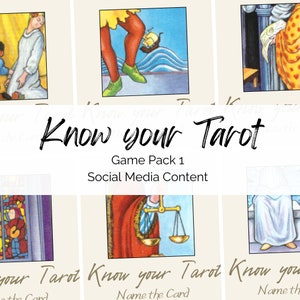 May include: A colorful graphic with the text "Know your Tarot" and "Game Pack 1" and "Social Media Content". The graphic features four cropped images of tarot cards, including the Magician, Justice, and the World.