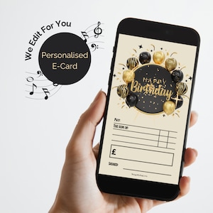 Carte virtuelle d'anniversaire avec audio. Carte de voeux numérique. Carte électronique animée en noir et or. Argent d'anniversaire, chèque en blanc.
