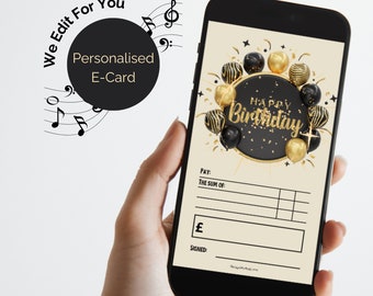 Birthday E Card cheque with audio. Digital Electronic Animated greeting in Black and Gold Send by email text WhatsApp Edited for you