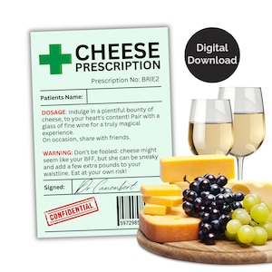 Cheese Prescription Label. Printable novelty gift. Great for cheese lovers. Digital download, PNG, PDF file Print at home. Great for gifting