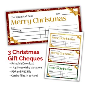 Cheques em branco de Natal, rascunho de banqueiros. Cheque/cheque de presente de Natal para impressão para download. Ideia divertida de presente em dinheiro de Natal.
