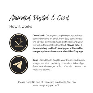 以下が含まれることがあります： 白の背景に、筆記体フォントで「Animated Digital E Card」というテキスト。その下に「How it works」というテキストが表示されています。eカードのダウンロードと送信の手順を示す、2つの黒と金の円形アイコンが表示されています。
