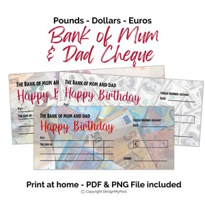 Puede incluir: Un conjunto de tres plantillas de cheques Bank of Mum and Dad con el texto Happy Birthday en letra roja. Los diseños incluyen fondos de billetes de dólares estadounidenses, libras esterlinas y euros con campos para pagar, suma, fecha y firma.