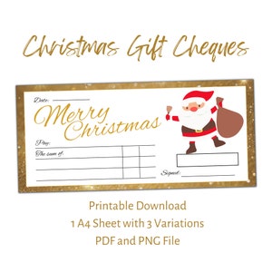 Kerstgeldcheques. Downloadbare afdrukbare blanco cheque voor kerstcadeaus. Leuk cadeau-idee voor kerstgeld.