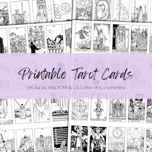 Carte dei Tarocchi stampabili, mazzo completo di carte dei Tarocchi classici in bianco e nero, 78 carte. Stampa a casa, diario dei Tarocchi, planner dei Tarocchi. Formato A4 UK e Lettera USA.