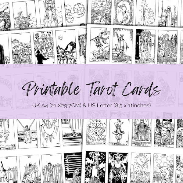 Printable Tarot cards, Black and White Classic Tarot Card Deck  Full Deck 78. Print at home, Tarot journal, Tarot Planner. UK A4 & US Letter