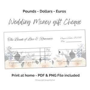 Printable Wedding Present. Elegant blank cheque mock up for newly wed money gift. Print at home. In Euros, Pounds & Dollars.