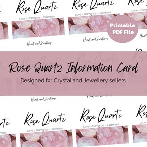 Tarjetas imprimibles de cristal de cuarzo rosa para vendedores de cristales y fabricantes de joyas. Archivo PDF tamaño A4. Prospectos, propiedades y significados de las piedras preciosas.