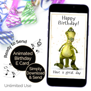 恐竜の誕生日ビデオ E カード、音楽付きの子供の恐竜愛好家向けアニメーション カード、かわいい TRex が踊るハッピー バースデー チューン、デジタル グリーティング e カード。