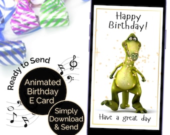 恐竜の誕生日ビデオ E カード、音楽付きの子供の恐竜愛好家向けアニメーション カード、かわいい TRex が踊るハッピー バースデー チューン、デジタル グリーティング e カード。