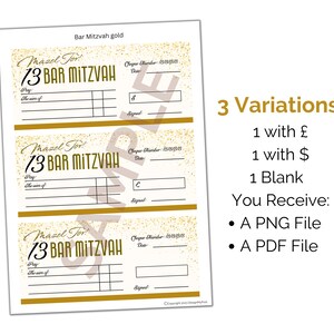 May include: A digital document featuring three Bar Mitzvah cheque templates with gold glitter accents. Each template includes fields for Pay, The sum of, Cheque Number, Date, and Signed, with variations for dollar, pound, and blank currency symbols.