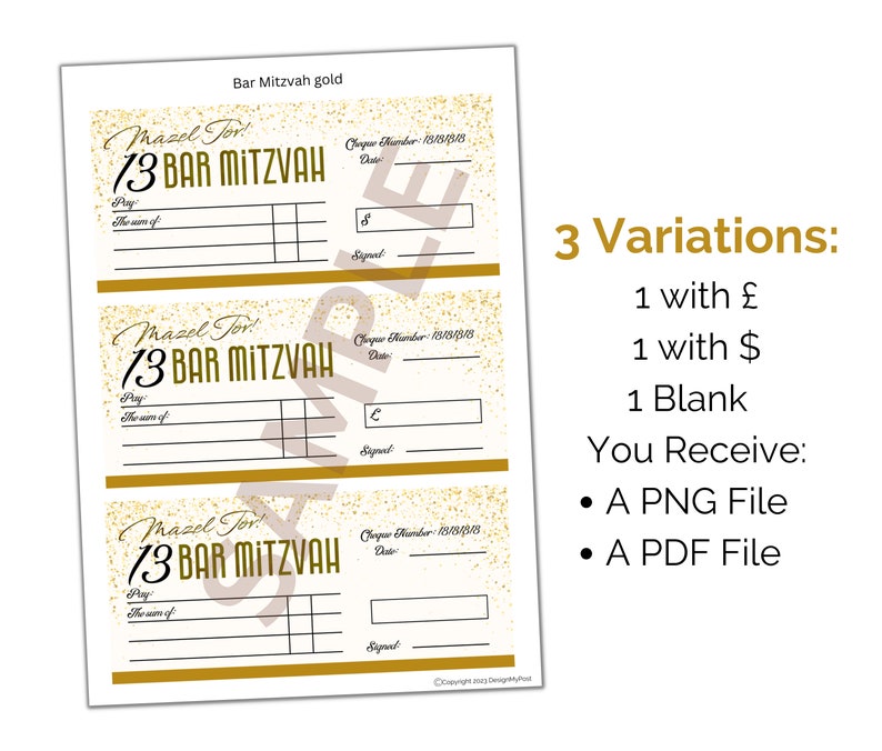 May include: A digital document featuring three Bar Mitzvah cheque templates with gold glitter accents. Each template includes fields for Pay, The sum of, Cheque Number, Date, and Signed, with variations for dollar, pound, and blank currency symbols.