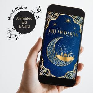 Eid Card animated video Eid Mubarak greeting card with audio. Digital card. Send by email, text, WhatsApp. Non Editable.
