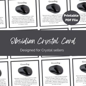 Cartes imprimables d'insertion de cristal d'obsidienne pour les vendeurs de cristal et les fabricants de bijoux. Notice d'emballage du fichier PDF, signification des propriétés des pierres précieuses