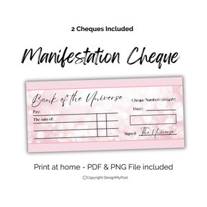 Pink Manifestation Cheques x 2 Law of attraction blank printable check pink design Manifest abundance into your life Instant download