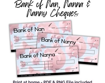 May include: Three rectangular novelty bank checks featuring a light blue background with a repeating pink piggy bank pattern. The checks are labeled Bank of Nan, Bank of Nanny, and Bank of Nanna, each including fields for date, pay, sum, and signature.