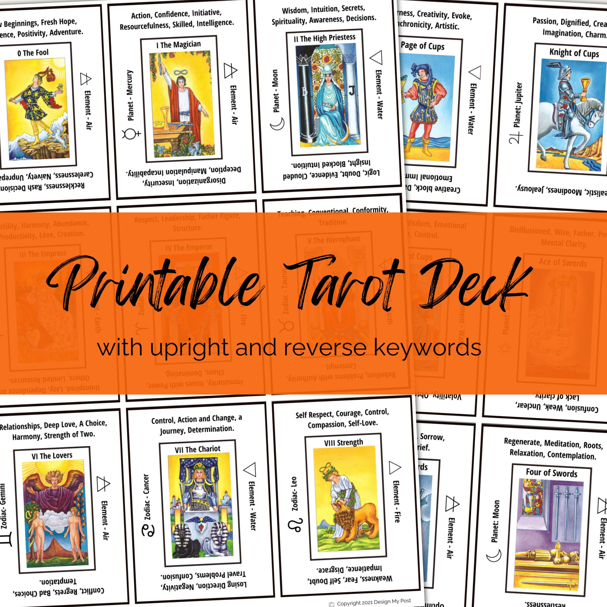 Printable Tarot Deck with Keywords, Print at home, A4 Cheat sheets, Tarot Card Meanings, Beginners, Divination Tools, Tarot Journaling.