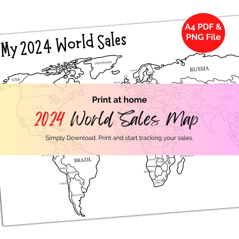 Printable 2024 Sales World Tracker Map. A4 Print at Home. Colour in Map