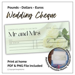 Blank Cheque wedding Gift for newly weds. Printable Money gifting pretend cheque. Print at home gift voucher for Mr and Mrs.