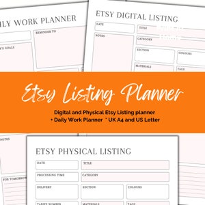 Listing Planner Etsy : fiches produits physiques et numériques, travail quotidien (PDF/PNG)