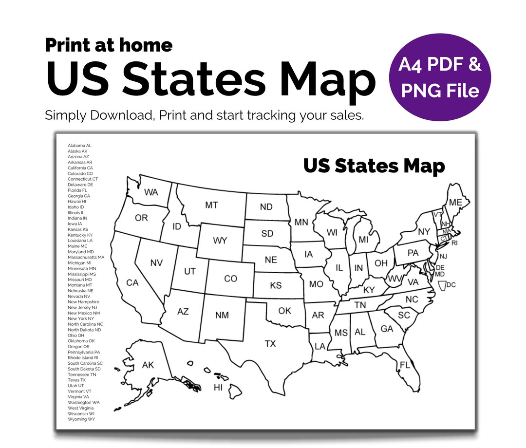 Printable US States Map. Etsy United States Sales Tracker. A4 Etsy