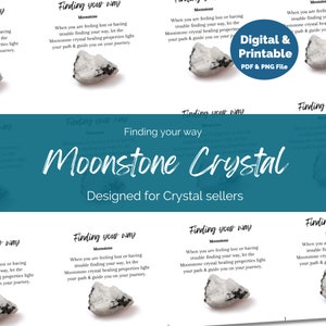 Moonstone Printable Crystal meaning info card insert plus Digital graphic for Social Media. Ideal for Crystal Sellers & Jewellery makers.
