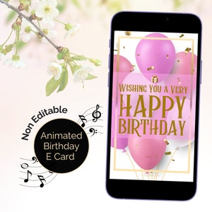 Tarjeta de cumpleaños animada con sonido, melodía de feliz cumpleaños y saludo. Tarjeta para suegra o amiga. Globos rosas. Tarjeta digital.