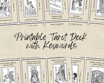 Printable Tarot with Keywords, A4 Cheat sheets, Full deck, Black & White Tarot Card Meanings, Beginners, Divination Tools, Tarot Journaling.