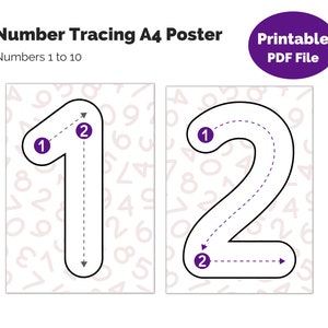 May include: A Number Tracing A4 Poster printable PDF file featuring numbers 1 to 10. The image displays large outlines of the numbers 1 and 2 with purple circles labeled 1 and 2, indicating stroke order with dashed arrows on a light pink background.