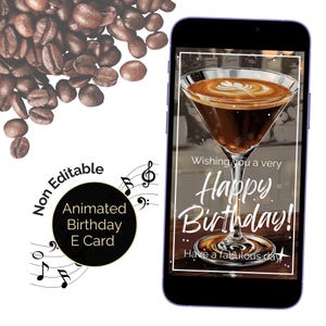 Lustige Espresso Martini Geburtstags-E-Karte, animiert und Musikmelodie. Karte für Kaffeetrinker. Digitale Grußkarte für Freund.