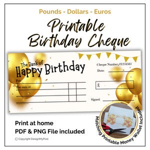 Printable Geburtstagskaro mit goldenen Luftballons. Geschenkgutschein Schablone, in Euro, Pfund, Dollar. Print at home Geldgeschenk. + Geldbeutel.