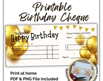 Printable Geburtstagskaro mit goldenen Luftballons. Geschenkgutschein Schablone, in Euro, Pfund, Dollar. Print at home Geldgeschenk. + Geldbeutel.