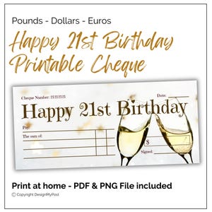 21st Birthday Money Gift blank cheque. Fake check for gifting. Euros, Pounds, Dollars.