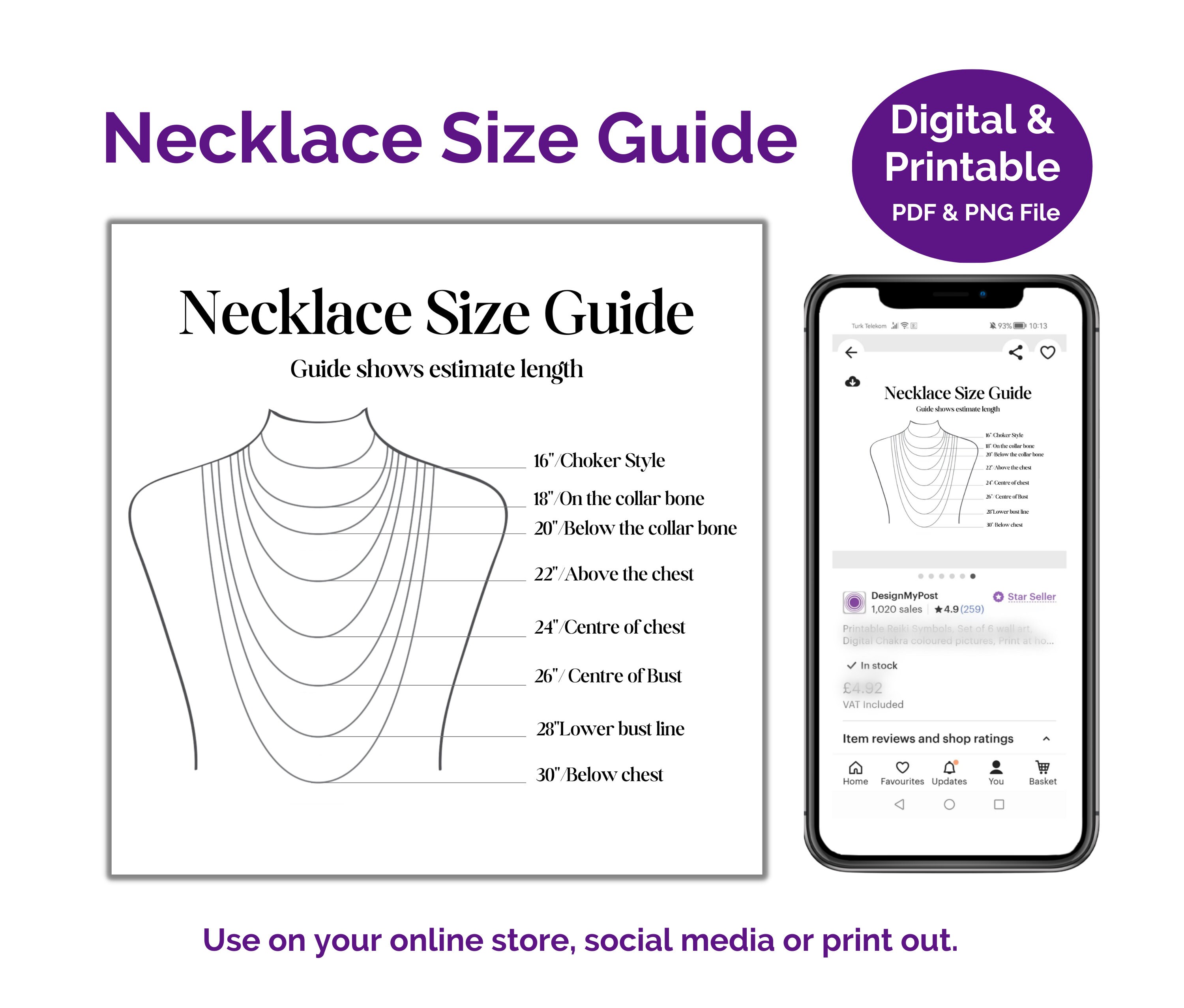 Necklace Size Guide Printable and Digital Template Easy to Use Etsy