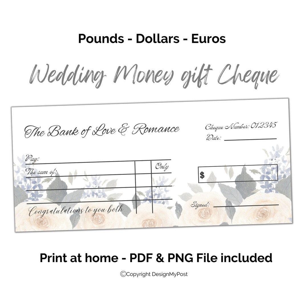 Printable Wedding Present. Elegant Cheque Mock up for Newly Wed Money Gift. Print at Home. in ...
