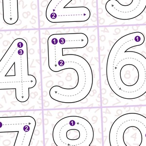 May include: A grid of educational number tracing cards featuring large black outlines of the digits four, five, six, seven, eight, and nine. Each number includes purple circular markers with white numbers and dashed arrows indicating the stroke order.